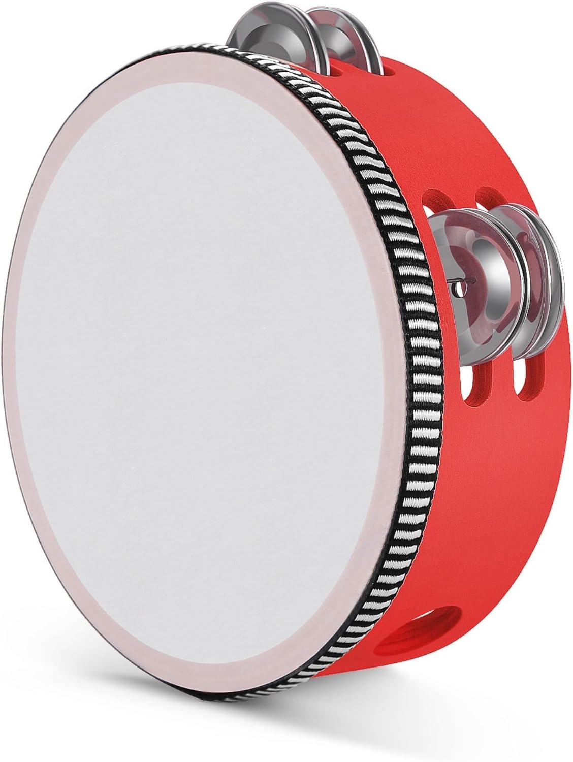 Flexzion Wood Handheld Tambourine Adults 6-Inch Double Row 8-Pair Jingles (Red) - Percussion Round Tamborines Musical Instrument with Metal Zills