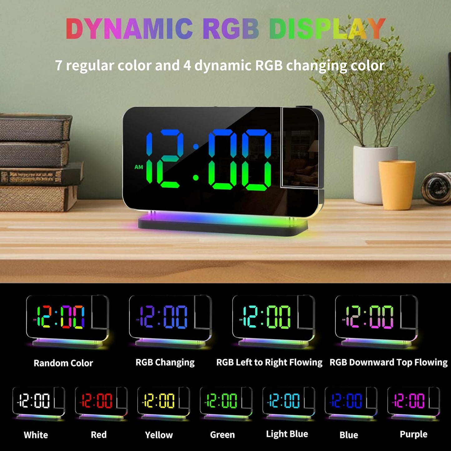 Projection Alarm Clock for Bedroom Ceiling,RGB Digital Clocks Radio with 10 Colors RGB Night Light,Loud Alarm Clock for Heavy Sleepers,USB C Charger Port,Snooze,12/24H,Auto Dimming