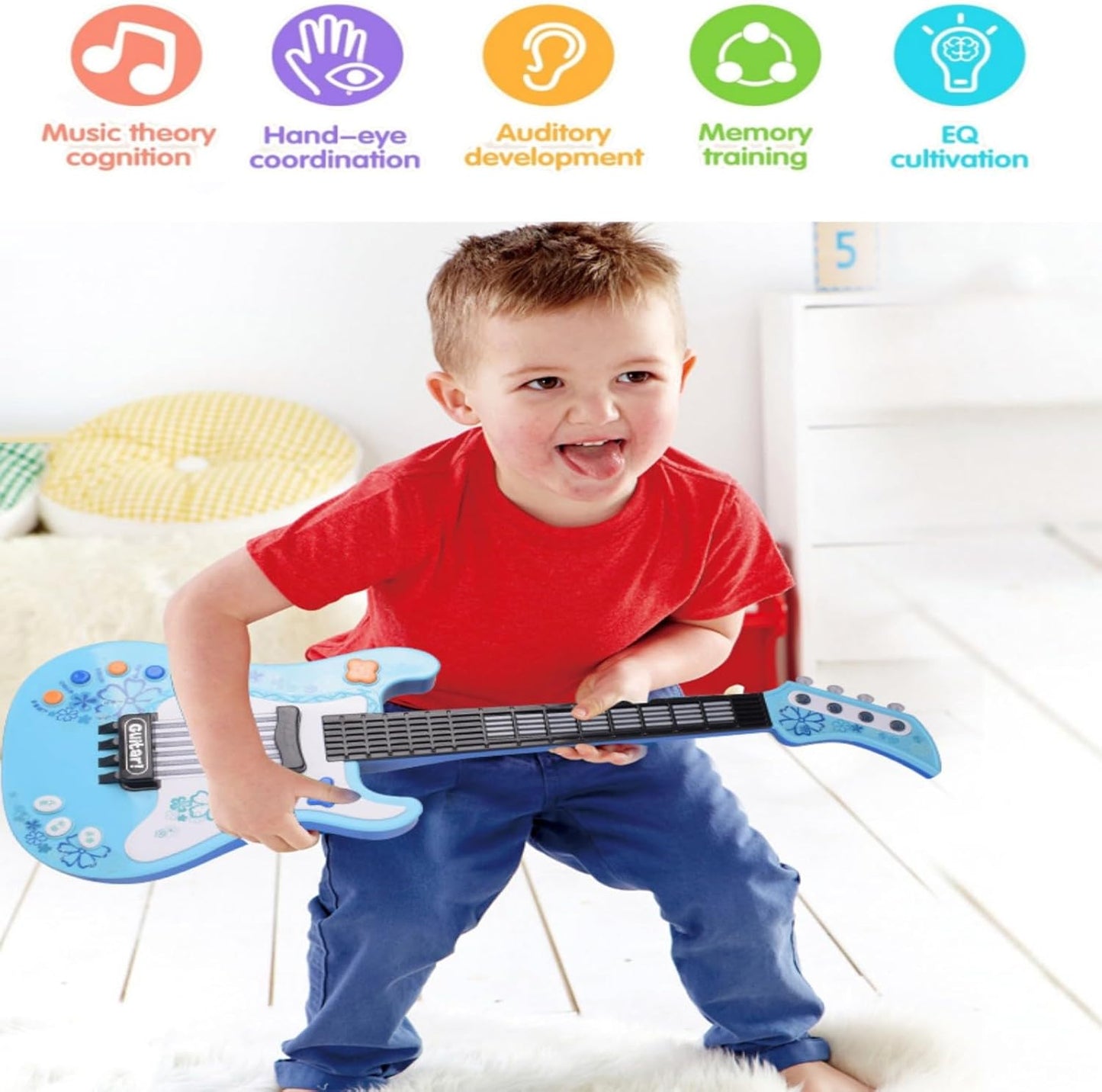 Kids Toddler Baby Childrens Electric Toy Guitar with Strap Ideal for 3 4 5 7 8 Year Old Boys Girls Gifts(Blue)