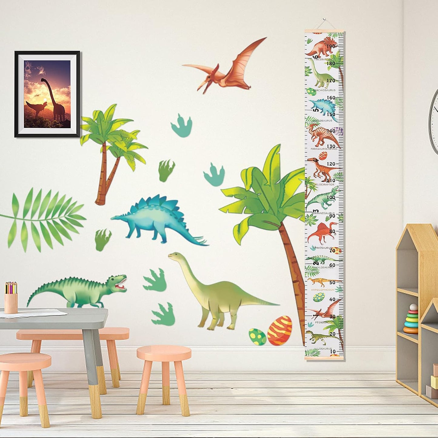 Kids Dinosaur Growth Chart Height Measuring Chart, Canvas Wall Hanging Rulers for Baby Children Kids Boys Bedroom Decor