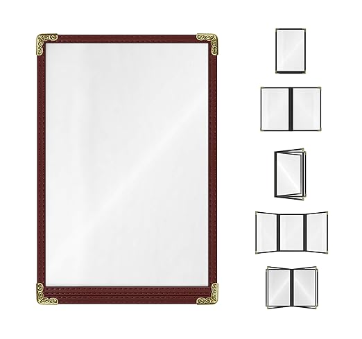 Goodsmart Restaurant Menu Covers – 25 Pack Burgundy 2-View, Top-Loading Menu Holders, Vinyl & Plastic Café Menu Covers, Clear Menu Sleeves, Fits 5.5" x 8.5", Leather-Style Design, Gold Corners