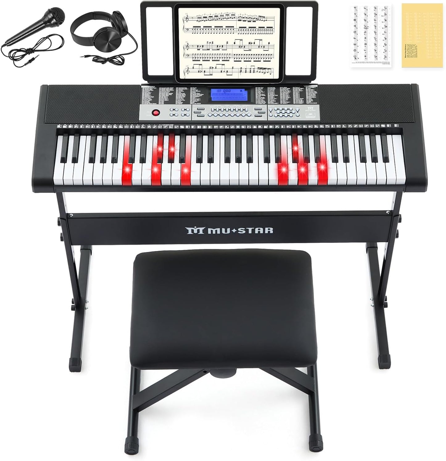 61 Key Piano Keyboard, Electric Keyboard Piano with Light-Up Keys, 255 Tones/Rhythms, Smart Learning System, Headphone, Microphone, Keyboard Stand, Stool, Stickers, Piano Keyboard Set for Beginners