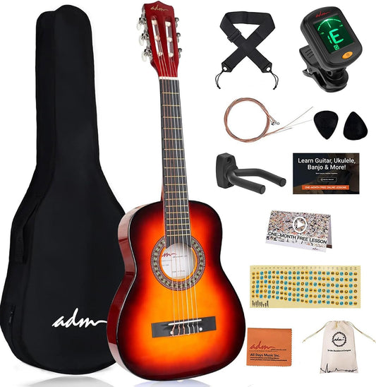 ADM Beginner Acoustic Classical Guitar 30 Inch Nylon Strings Wooden Guitar Bundle Kit for Kid Boy Girl Student Youth Guitarra Online Lessons with Gig Bag, Strap, Tuner, Extra String,Pick,Sunbrust 1