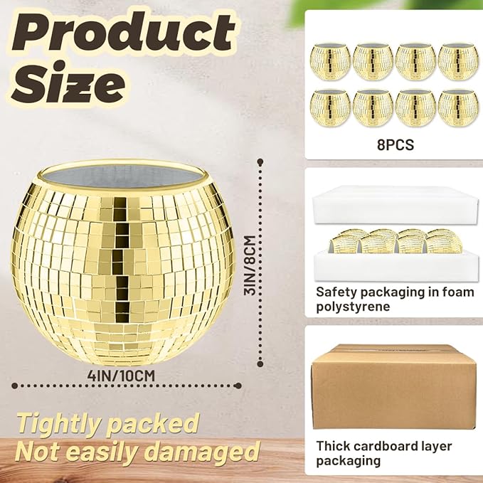 8 PCS Disco Ball Vase,Glass Disco Ball Planter Candle Holder Vase Bulk Mirror Disco Ball Flower Vase for Wedding Centerpieces,Birthday,Office,Bedroom(Gold)