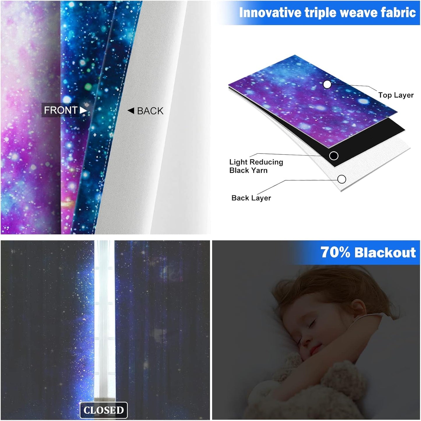 Aimego Galaxy Blackout Curtains Outer Space Universe Nebula Night Starry Window Drapes Decor for Kids Boys Teens Bedroom Living Room Grommet Room Darkening Curtains 2 Panel Set, 42"X63"