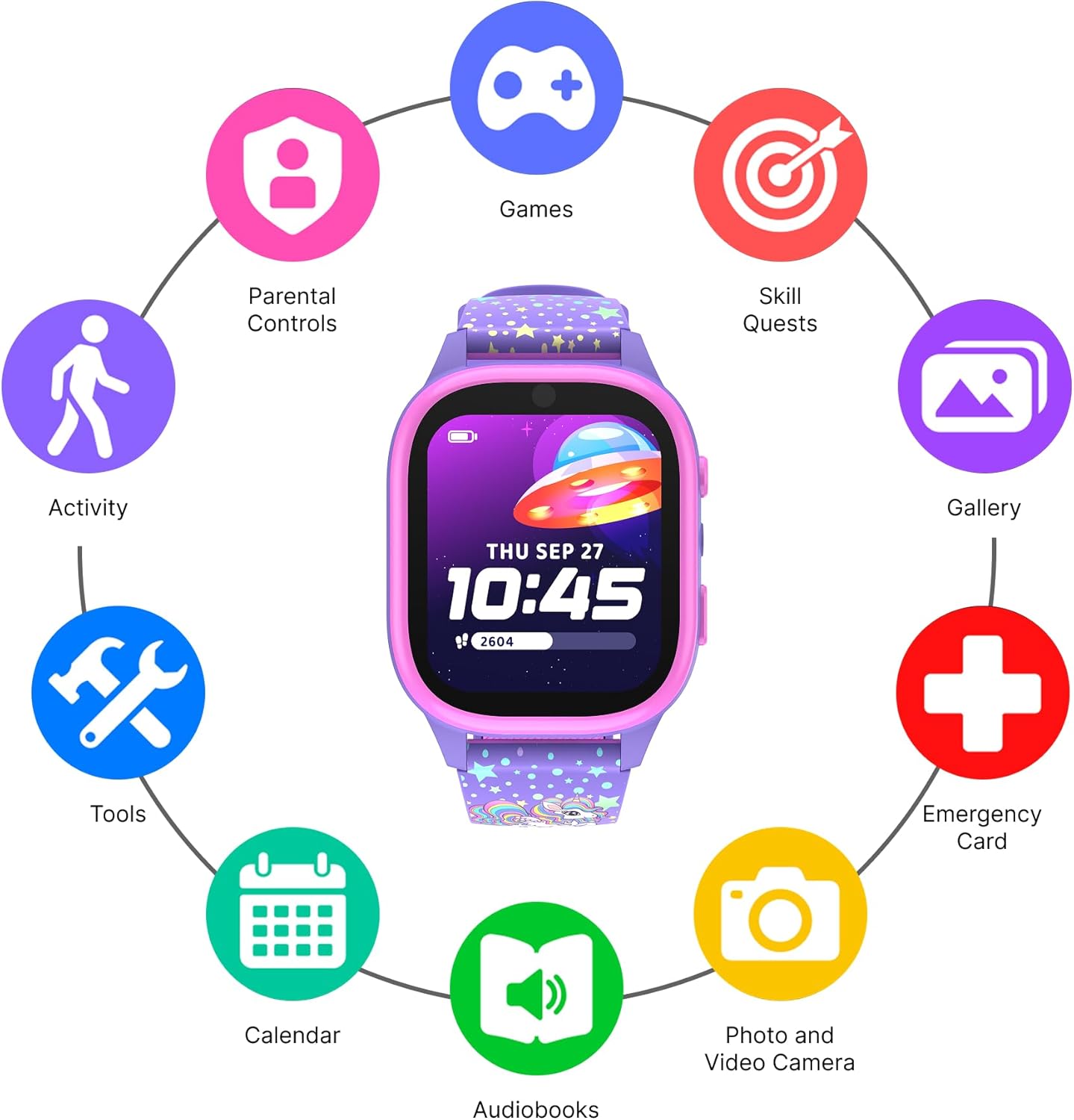 PlayZoom 4 Kids Smartwatch – 1.83” Color Touchscreen, 25+ Games, Selfie Camera, Audiobooks, Songs, Step Tracker, Parental Controls, Waterproof, for Ages 4-12 (Purple Unic)