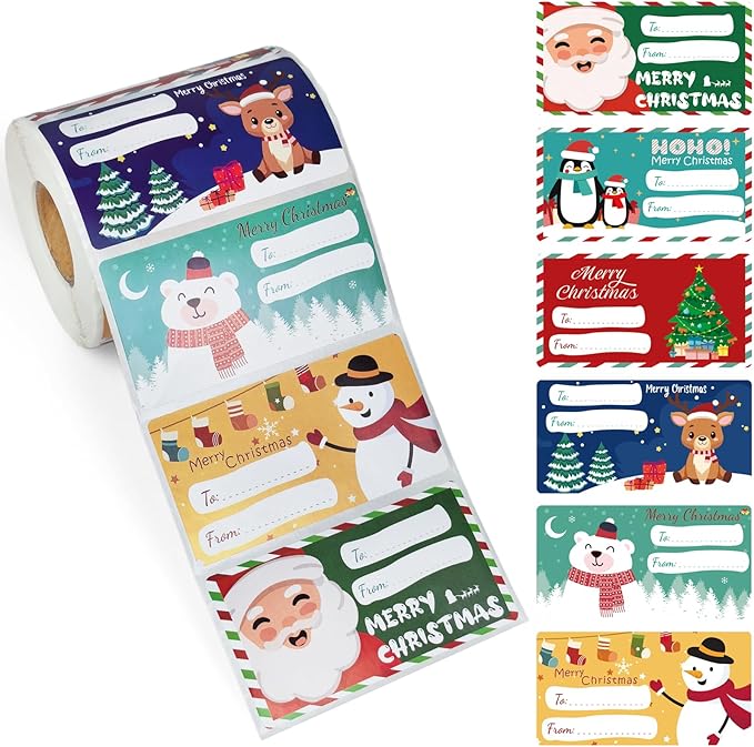 500 PCS Christmas Gift Tags, Self Adhesive Santa Claus Stickers, Festive Holiday Name Labels for Wrapping Paper Presents Decor, 6 Designs