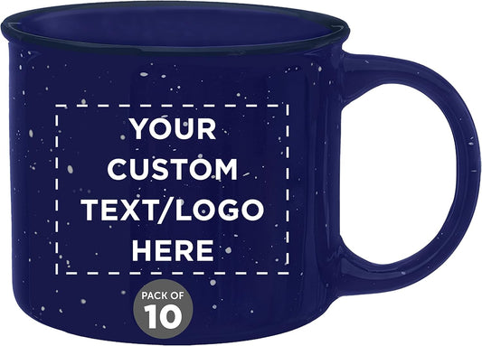 DISCOUNT PROMOS Custom Ceramic Campfire Coffee Mugs 13 oz. Set of 10, Personalized Bulk Pack - Perfect for Tea, Espresso, Cappuccino, Hot Cocoa - Blue