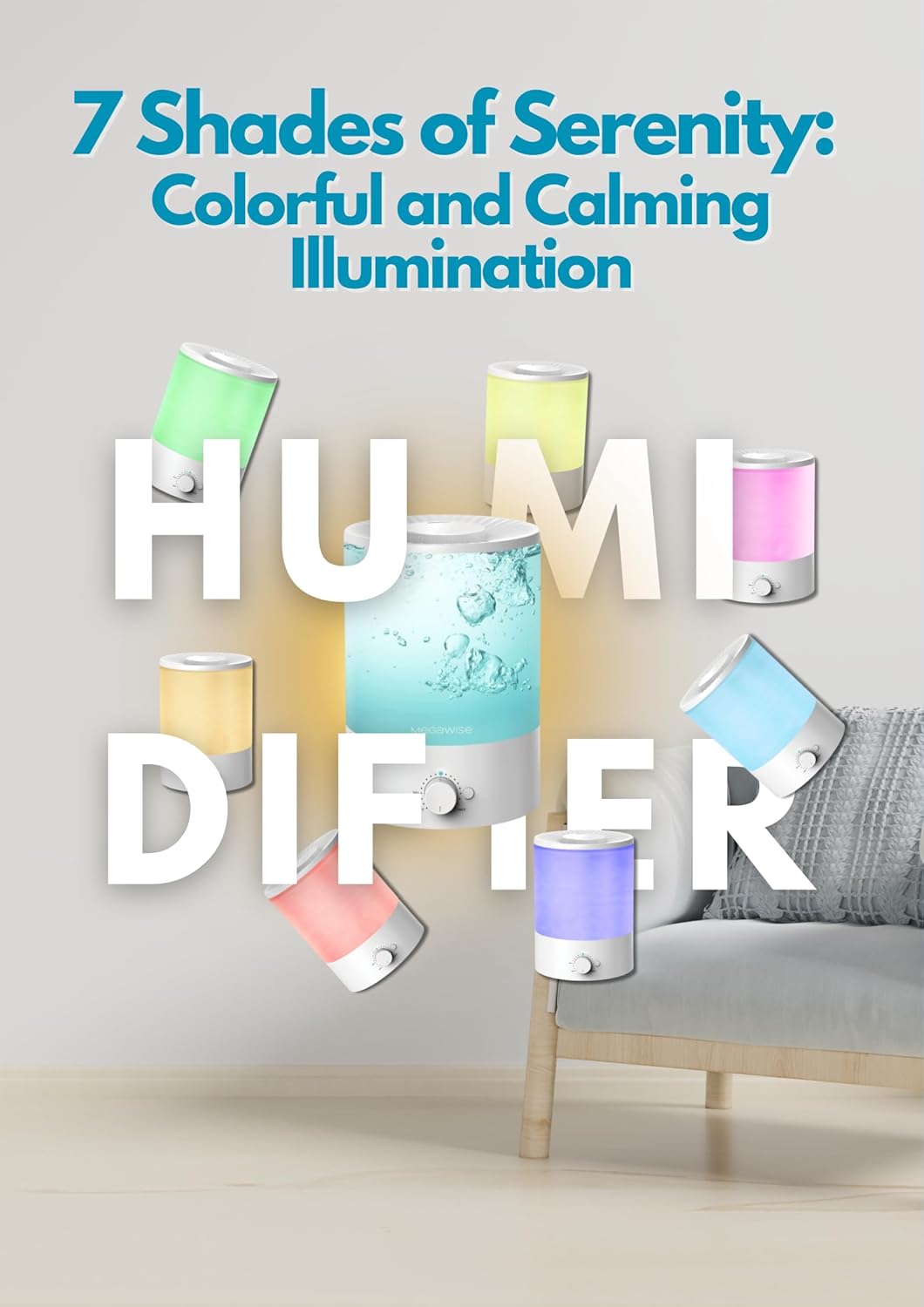 MegaWise Topfill 7-colour Night light humidifier for Kid bedroom with 3.5L Large Capacity, No leakage Design Fine Mist Output Auto Shutoff, Essential Oil Safe Tank