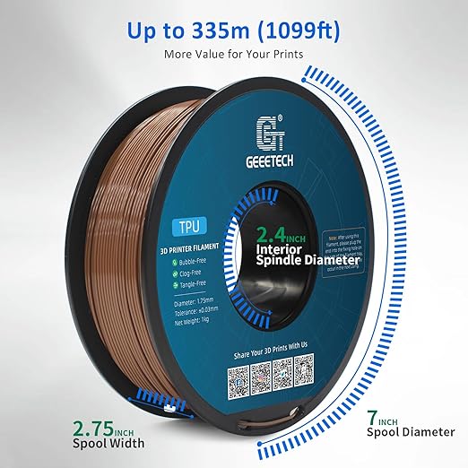 Geeetech TPU Filament 1.75mm, Shore 95A – Flexible 3D Printer Filament with High Elasticity, 1KG (2.2lbs) Spool, Dimensional Accuracy ±0.03mm, Fits Most FDM Printers (Brown)