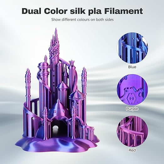 Silk PLA Filament 1.75mm Blue Purple Red Triple Color PLA 3D Printer Filament 3 in 1 Coextrusion 1KG Spool(2.2lbs) 3D Printing Filament Dimensional Accuracy +/- 0.03mm