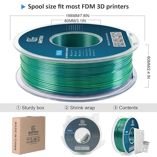 Geeetech 3D Printer Silk PLA Dual Color Filament, Metal-Like Shiny Silk Filament 1.75mm 1kg (2.2lbs) Spool, Dimensional Accuracy +/- 0.02 mm, Silk Blue Green