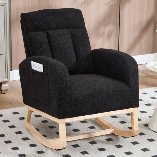 NIOIIKIT Nursery Rocking Chair, Teddy Upholstered Glider Chair with Side Pocket, Glider Rocker Chair with Tufted Back, Comfy Accent Nursing Chair for Living Room (Black Modern)