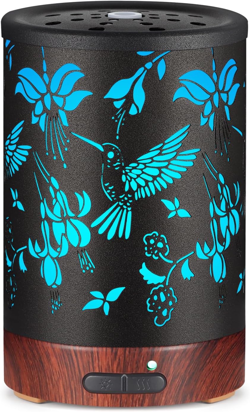 Metal Essential Oils Diffuser 150ML Christmas Aromatherapy Diffuser Cool Mist Humidifier with 7 Colors Lights Waterless Auto Off Air Diffusers as Gifts for Mom (B-Hummingbird)