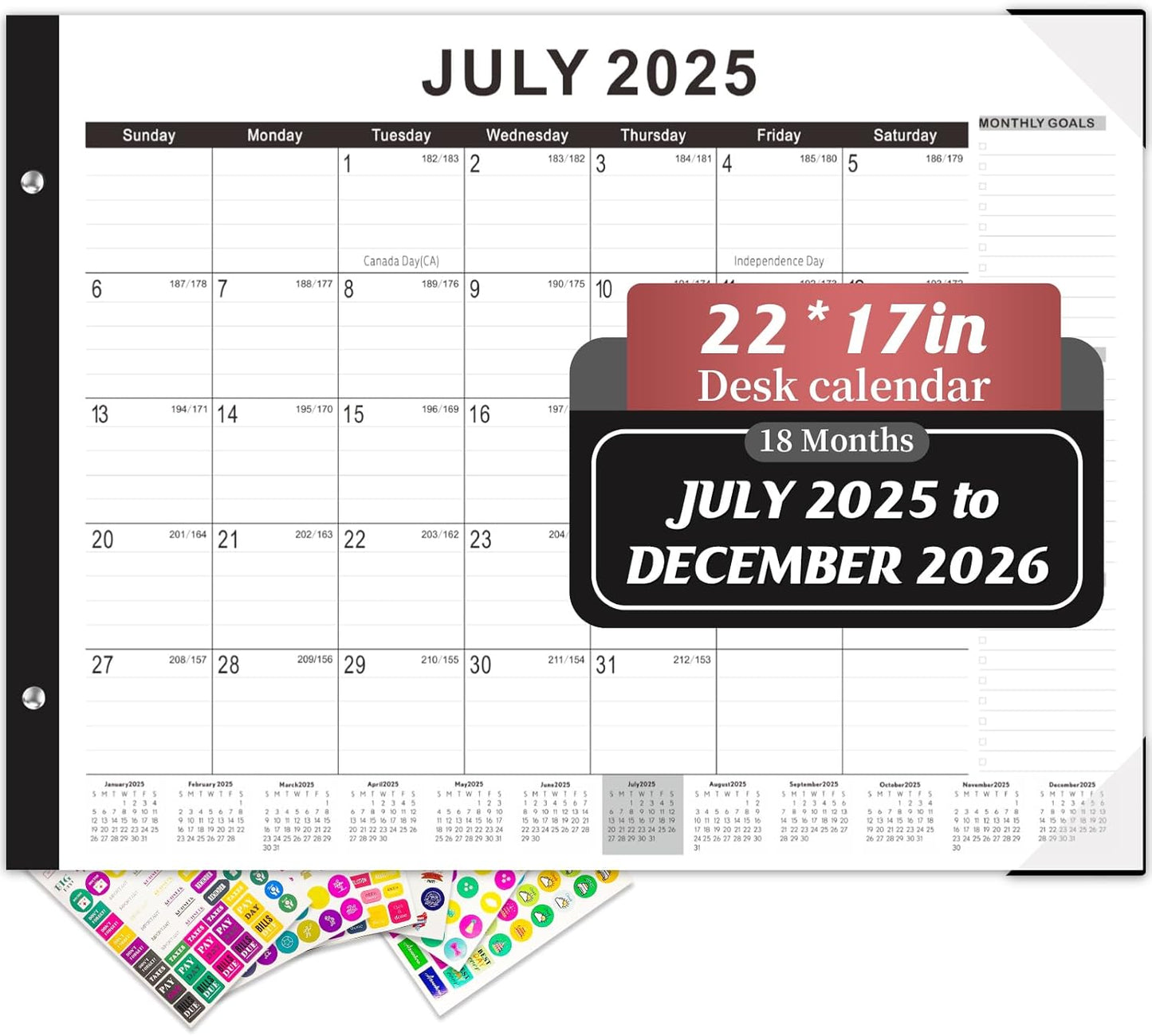 Gannyfer Desk Calendar 2025-2026, Large Calendar 2026 22" x 17", July 2025 - Dec 2026, 18 Monthly Academic Desktop Pad Calendar with Plastic Cover, Thick Paper, for Planning and Organizing in Office, School, Family(6 Stickers)