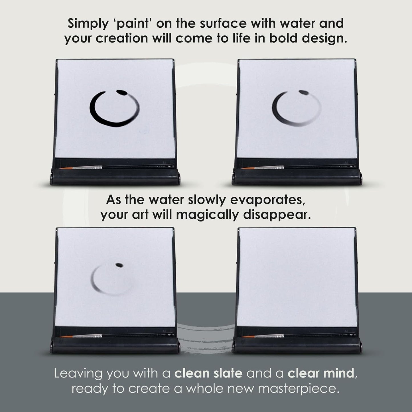 Mini Buddha Board Art Set: Water Drawing Writing Board w/ Mini Water Brush for Mindfulness & Meditation – Zen Based Drawing Board - Painting & Art Supplies – Ideal Relaxation Gifts (5” x 5”, Black)