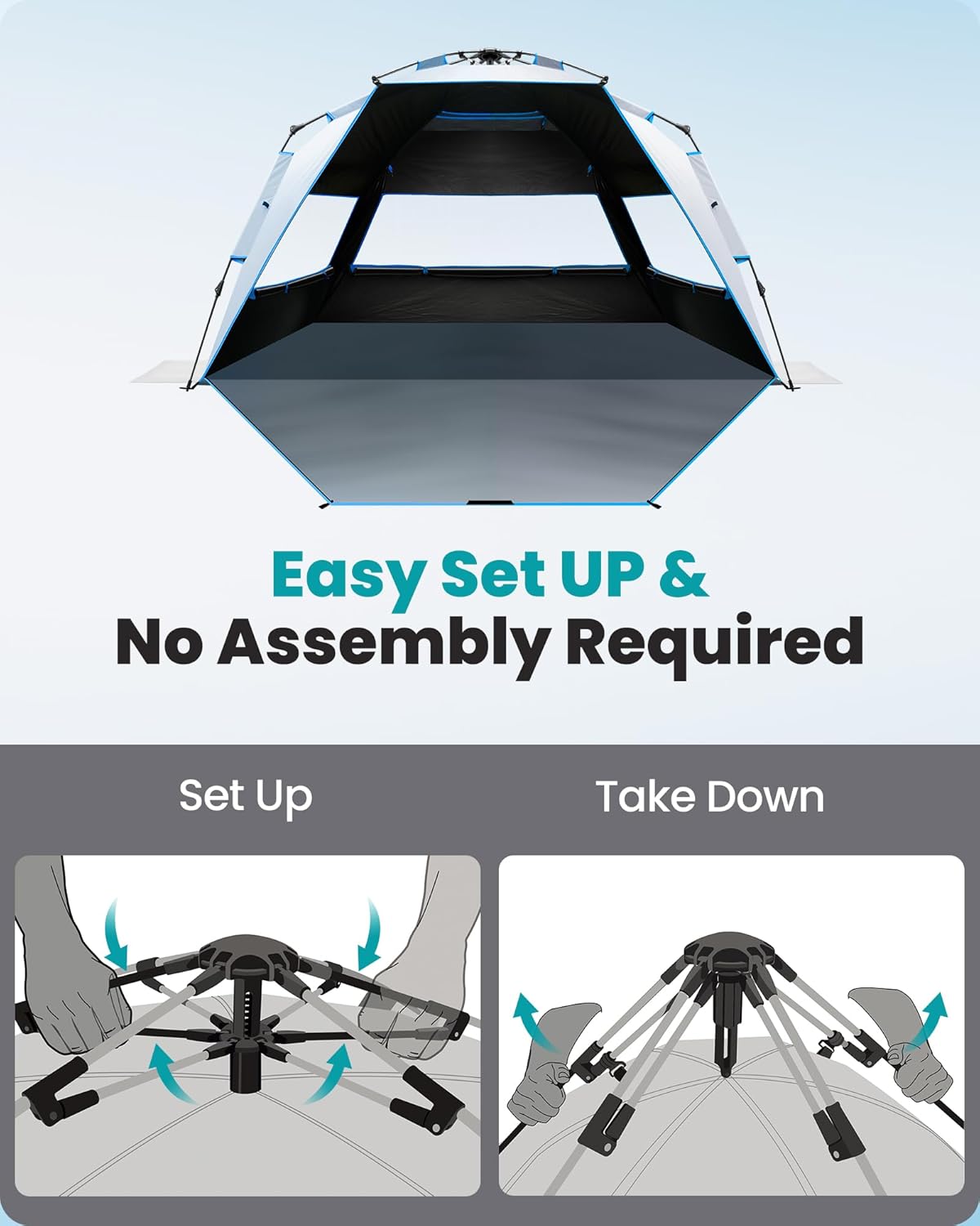 OutdoorMaster Beach Tent with Blackout Shelter Technology, Portable Beach Shade Sun Shelter Canopy for 4-6 Person with UPF 50+ UV Protection, Easy Setup Pop Up Tent Family Size