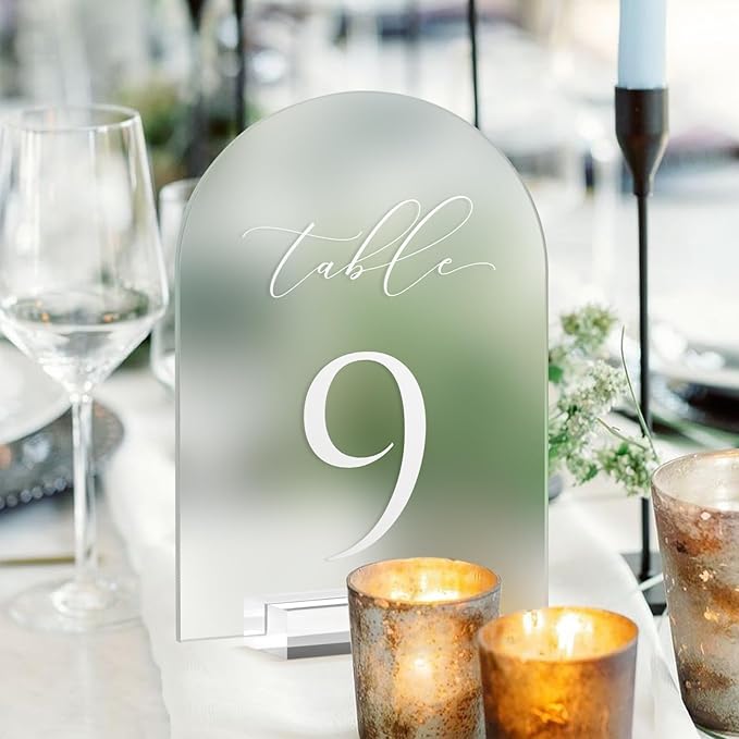 JINMURY Frosted Arch Table Numbers for Wedding, 5x7 Inch Arched Acrylic Table Numbers 1-15 with Stands, Frosted Acrylic Arch Sign with Holder for Centerpiece, Reception, Wedding, Party, Event