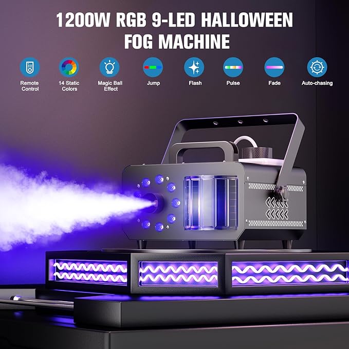 Fog Machine with RGBW LED Lights, 1200W Professional Smoke Machine, 1L Tank, 3000CFM Output, 14 Colors for DJ Party Stage Wedding Halloween 4PACK