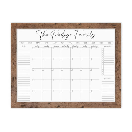 Personalized Dry Erase Wall Calendar with Custom To do list and Notes Organization Sections | Large Whiteboard Calendar (24" W x 18" H, Walnut Frame)