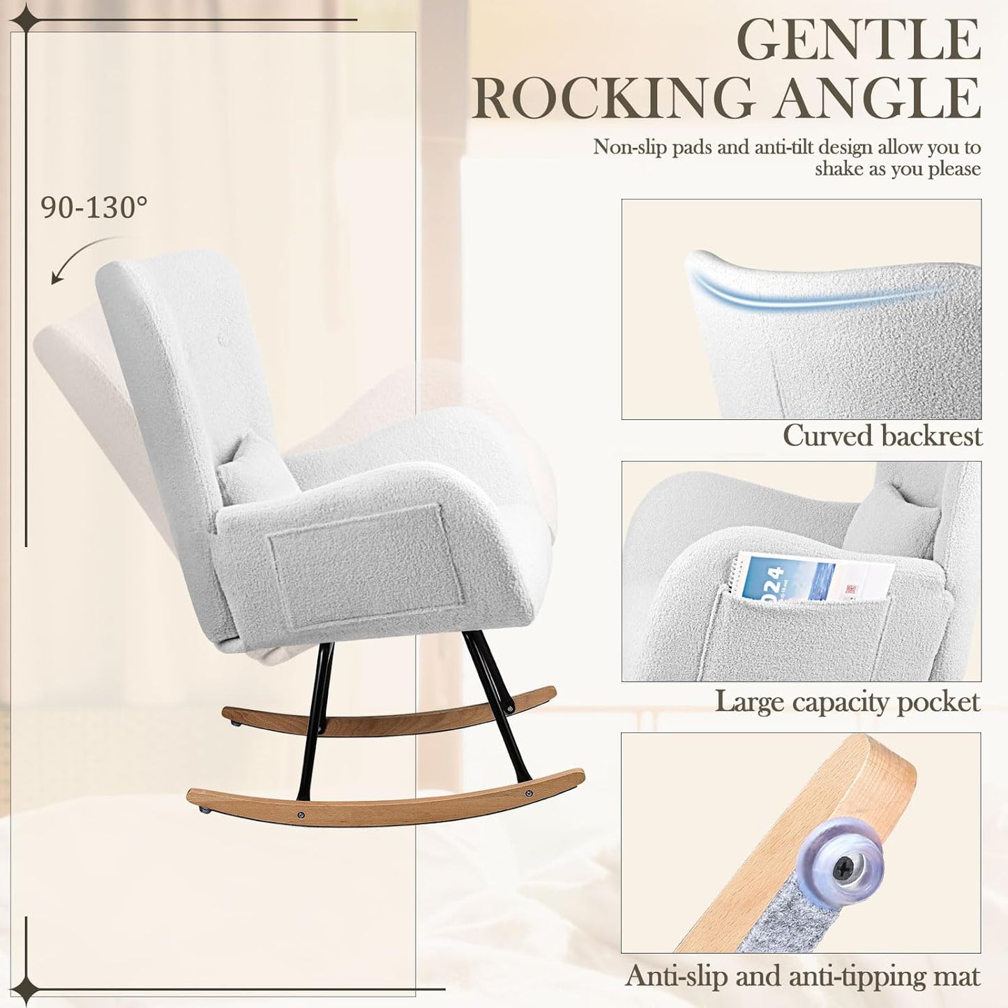 Waleaf Teddy Upholstered Rocking Chair, Indoor Glider with High Backrest, Padded Seat Nursing Chair for Bedroom (Ivory)