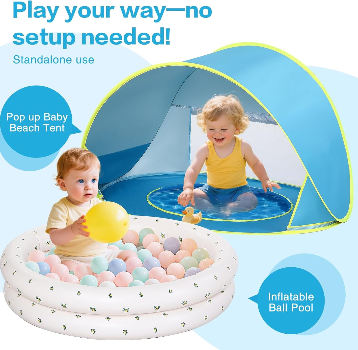 Baby Beach Tent Canopy: with Inflatable Kiddie Swimming Pool Toys - UPF50+ UV Protection Pop Up Sun Shelter Tent & Small Pool - Beach Essentials for Infant Toddlers