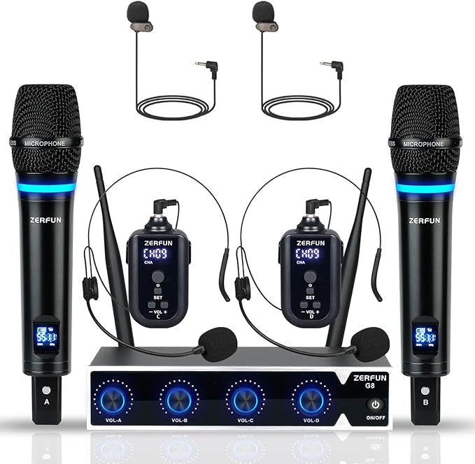 4 Channel Rechargeable Wireless Microphone System, Pro UHF Metal Handheld Headset Lavalier Lapel Cordless Mics for Karaoke Singing Church with VOL Control, 4x50 Adjustable Frequency(G8)