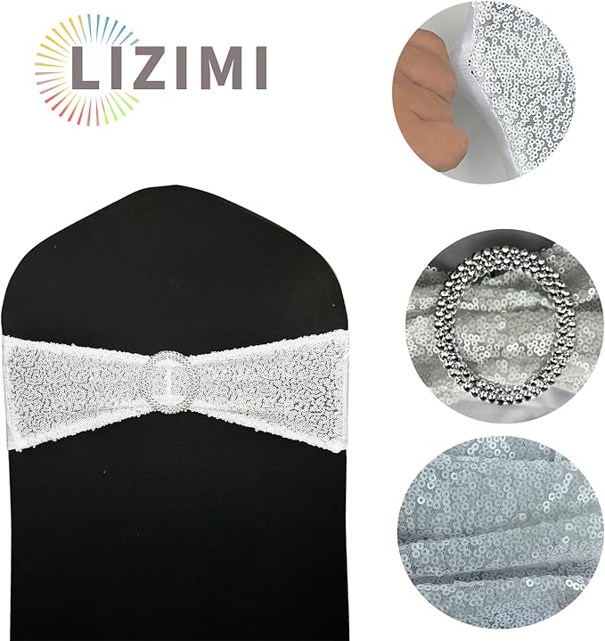 Sequin Chair Sashes Stretch Chair Bands Spandex Polyester Bows for Party Hotel Wedding Banquets Decoration - 6 Pcs White