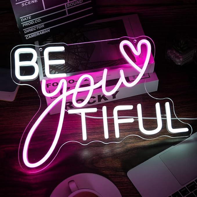 Be Your Tiful Neon Sign Dimmable Letter Neon Signs White Pink Wall Decorative Lights Powered USB with Switch for Bedroom Kid Room Shop Apartment Birthday Party Wedding （15.7’’X11.8’’）