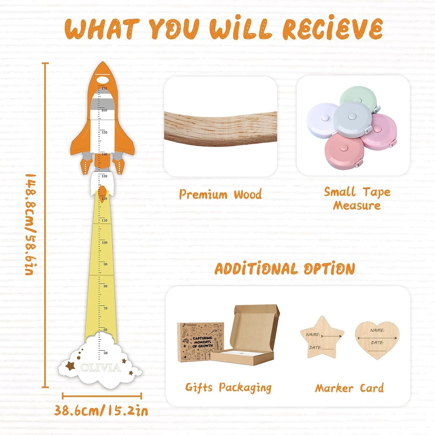 Personalized Name Kids Growth Chart for Wall – Wooden Rocket Height Chart Ruler, Wall Height Measurement for Boys & Girls 61.8" x 9.6"