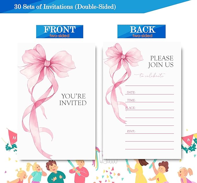 Pink Bow Birthday Invitations for Girls, Elegant Bow Birthday Party Invitaions for Girls Coquette Party Invites, 4x6 Inches, 30 Sets with Envelopes