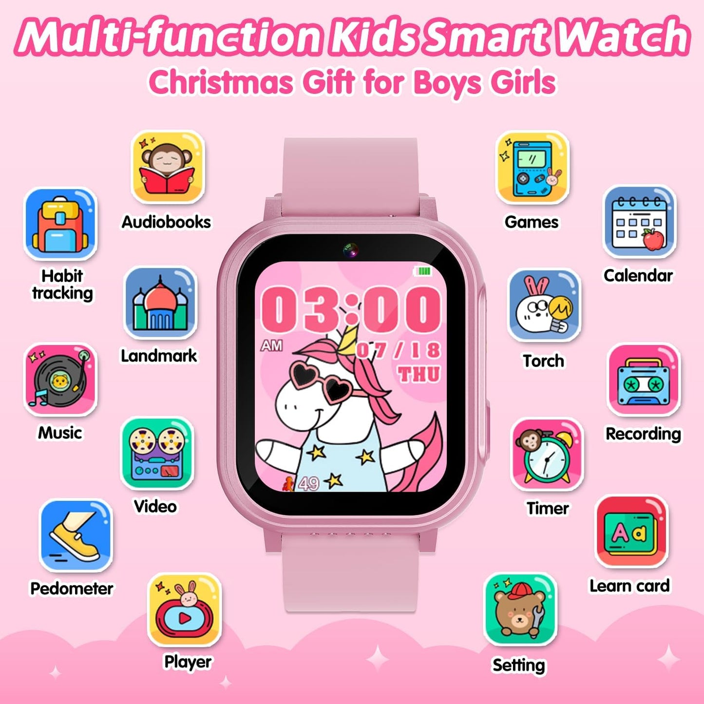 Cosjoype Kids Waterproof Smart Watch, 32 Games HD Touchscreen Kids Watch with Dual Camera Video Music Player Pedometer Flashlight 12/24 hr Christmas Birthday Gifts for Girls Ages 4 5 6 7 8 9 10