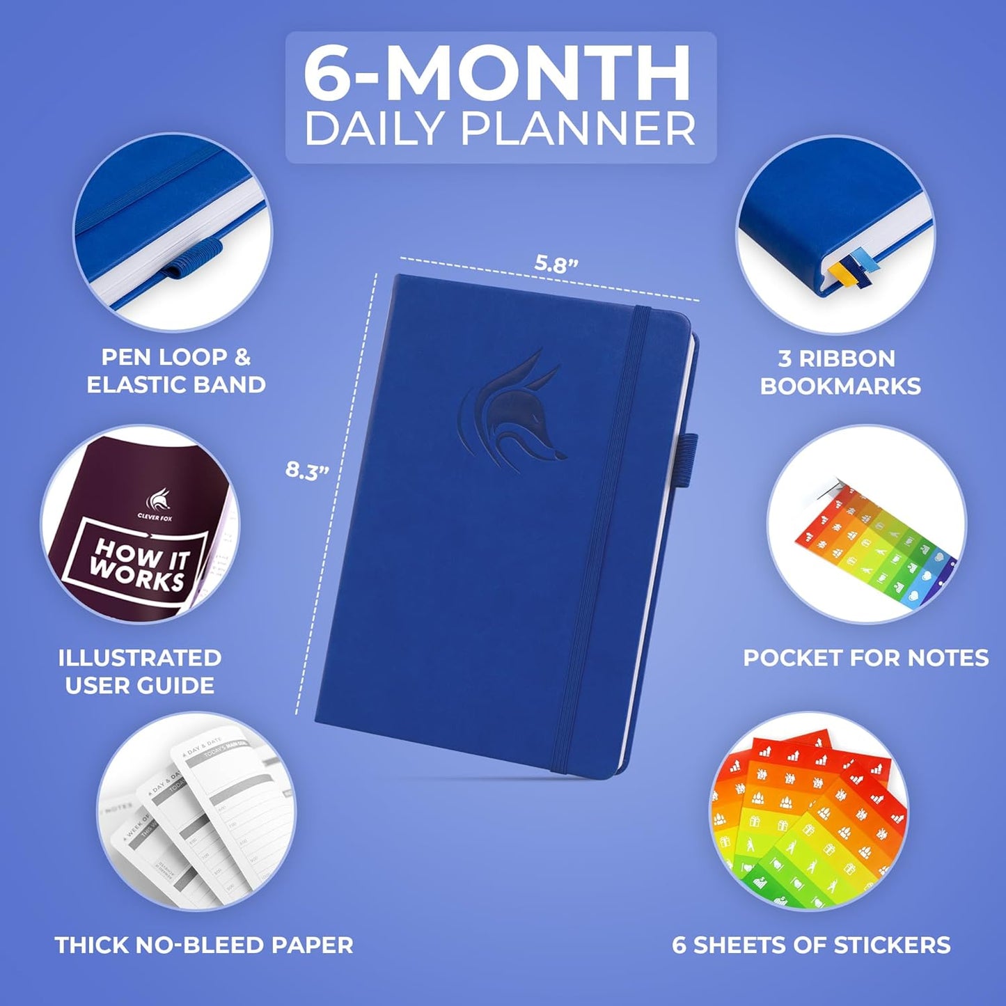 Clever Fox Daily Planner – Undated Planning Notebook with Hourly Schedule & To-Do List – Personal Day Task & Work Organizer, 6 Months (Royal Blue)