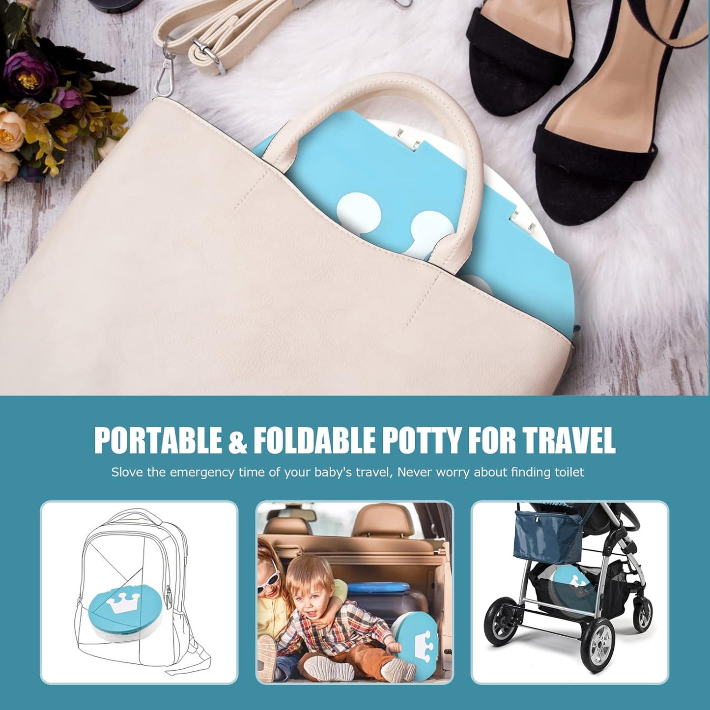 Portable Potty for Toddler Travel Foldable Potty Seat for Toddler Training Toilet for Kids Boys Girls Car On The Go Potty Travel Toilet Chair for Camping Park Indoor/Outdoor (Blue)