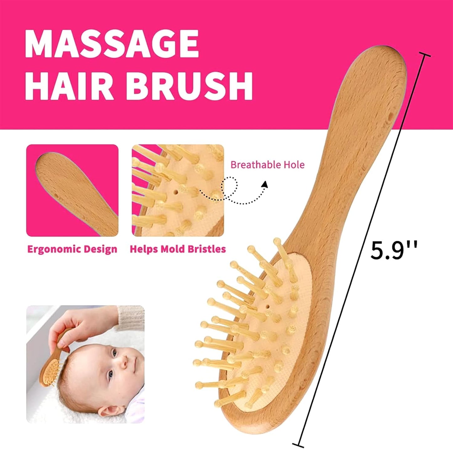 Goat Baby Hair Brush Set, Wooden Comb Massage Scalp Comb, Safe Natural Hair Care Kit, Soft Silicone Bath Brush for Newborns Toddlers (Brush Set+ Massager)