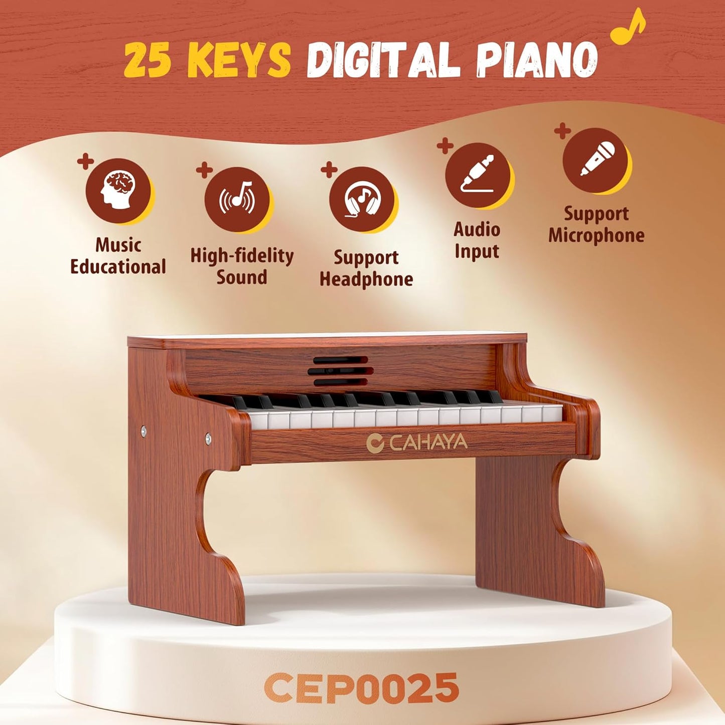 CAHAYA Kids Piano Keyboard Wooden - 25 Keys Digital Piano for Kids Fun & Music Educational Toy Wood Keyboard for 3+ Girls and Boys Birthday Gifts
