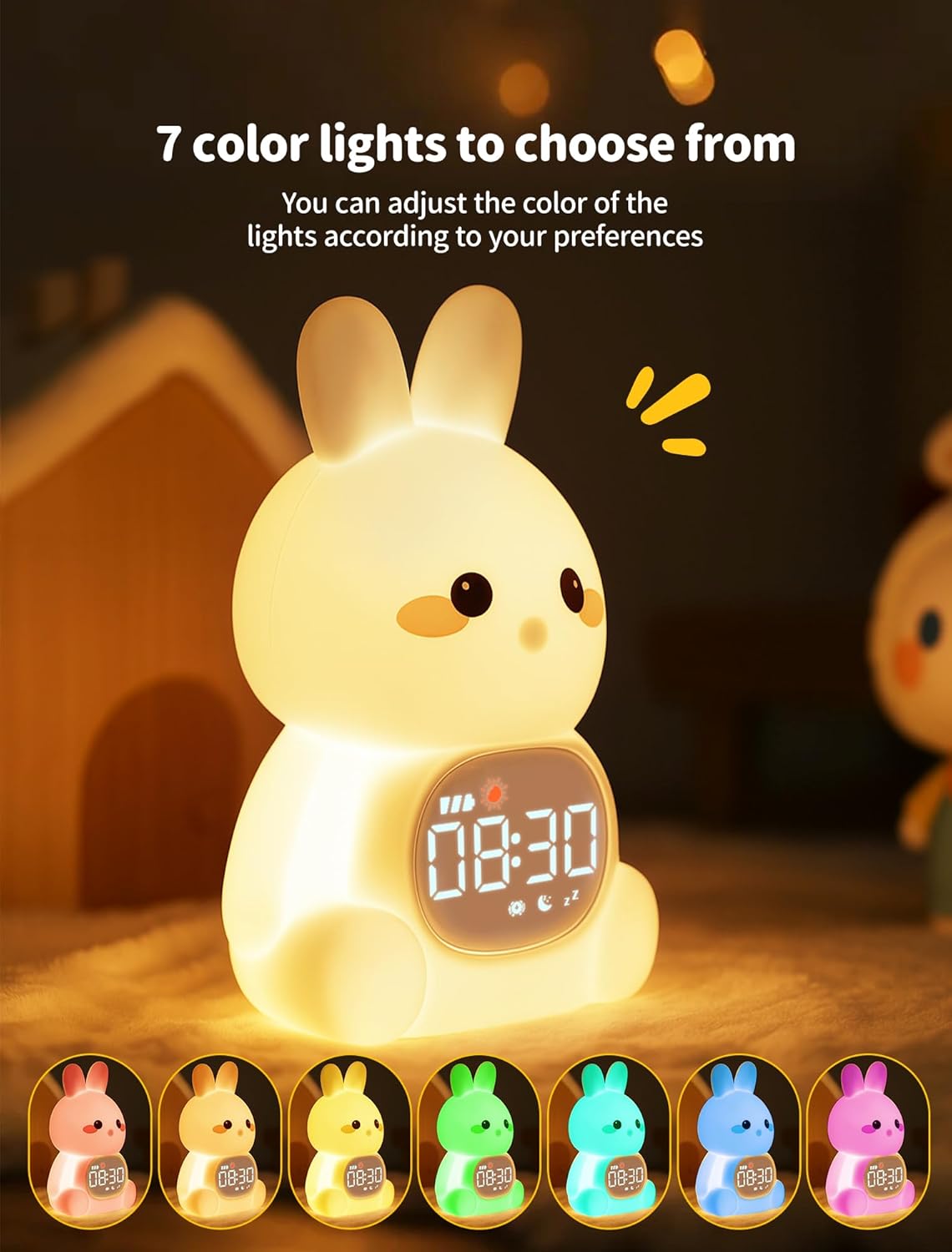 MASHI Bunny Alarm Clock, Toddler Sleep Training Clock with Sun & Moon, Sleep Sound Machine, Night Lights, Alarm Clock for Kids, Gift Ideas for Kids Child