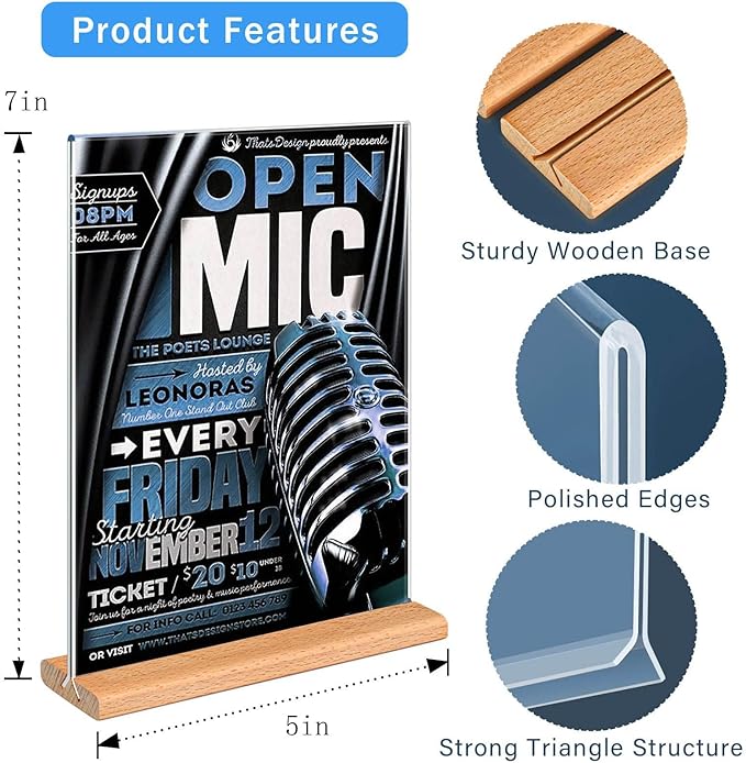 Kersally Acrylic Sign Holder 5 x 7, 6 Pack Double-Sided Clear Table Display Stands with Wood Base,Vertical Acrylic Frame Menu Flyer Paper Holder for Stores, Restaurants, Hotels, Office, Show Fair
