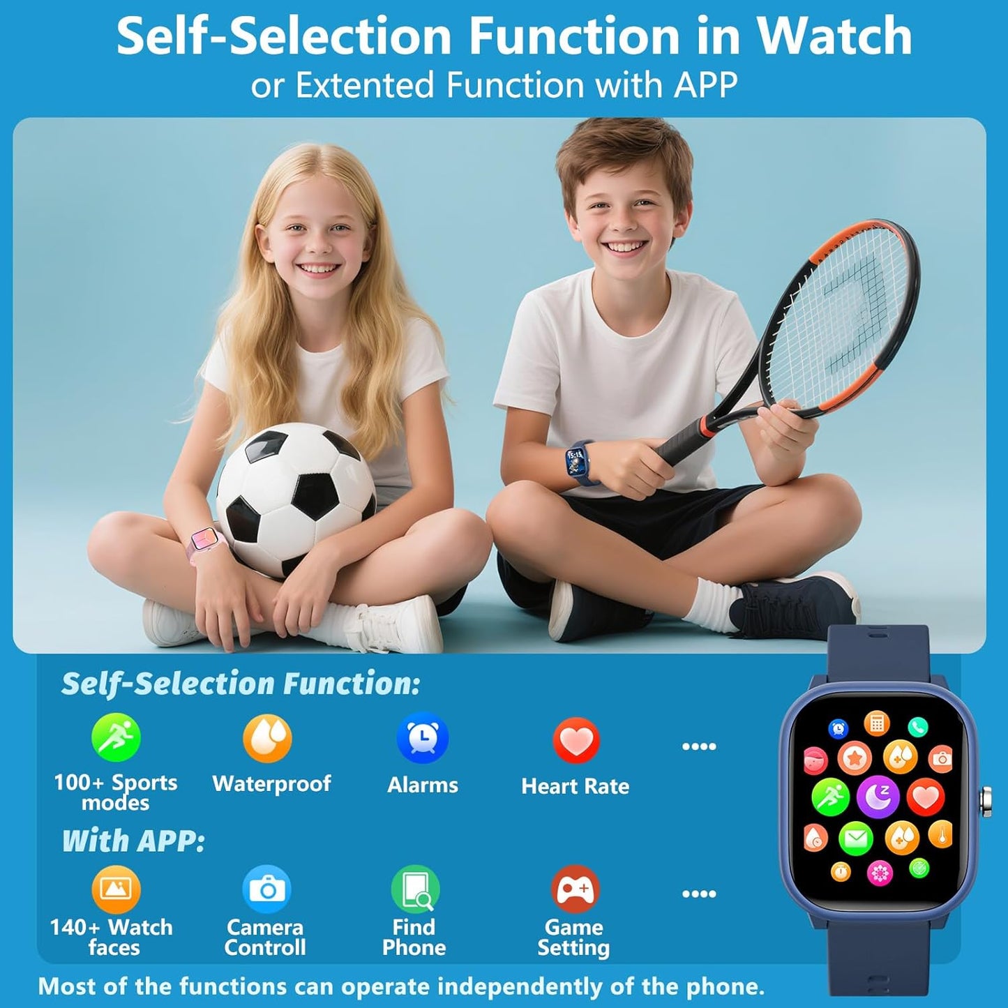 Kids Wach for Girls Boys 6-15 Year Old - Smart Watch for Kids 1.8" Fitness Tracker,No Phone Needed,Pedometer Sleep Monitor Heart Rate Waterproof,Puzzle Game for Girls Boys Teens Birthday Gift (Blue)