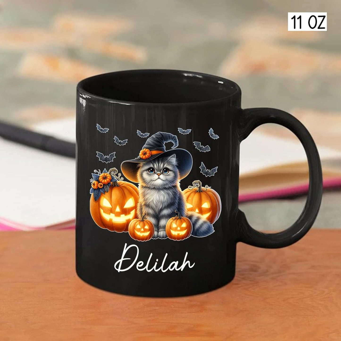 Customized Halloween British Longhair Mug with Name, Personalized British Longhair with Pumpkins Coffee Cup, Witch Cat Ceramic Mug, Pet Halloween Black Cup 11oz 15oz, Gift for Cat Dad Mom