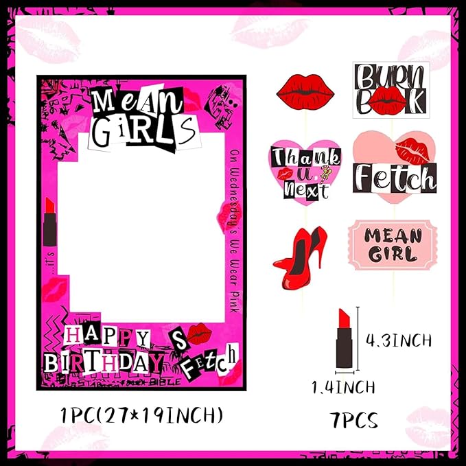 LaVenty Mean Girls Birthday Party Photo Booth Props Frame Mean Girls Party Decoration Y2k Birthday Party Decorations Hot Pink Girl Birthday Party Supplies