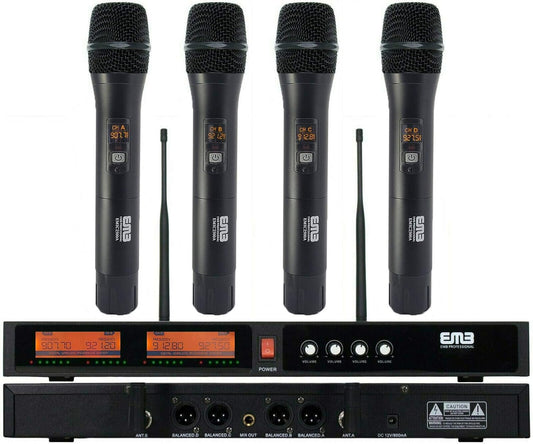 EMB EMIC2500 Wireless Microphone System 4-Channel UHF Cordless Mic Set with Four Handheld Mics, All Metal Build, Fixed Frequency, Long Range 260ft, Ideal for Church, Karaoke, Weddings, Events