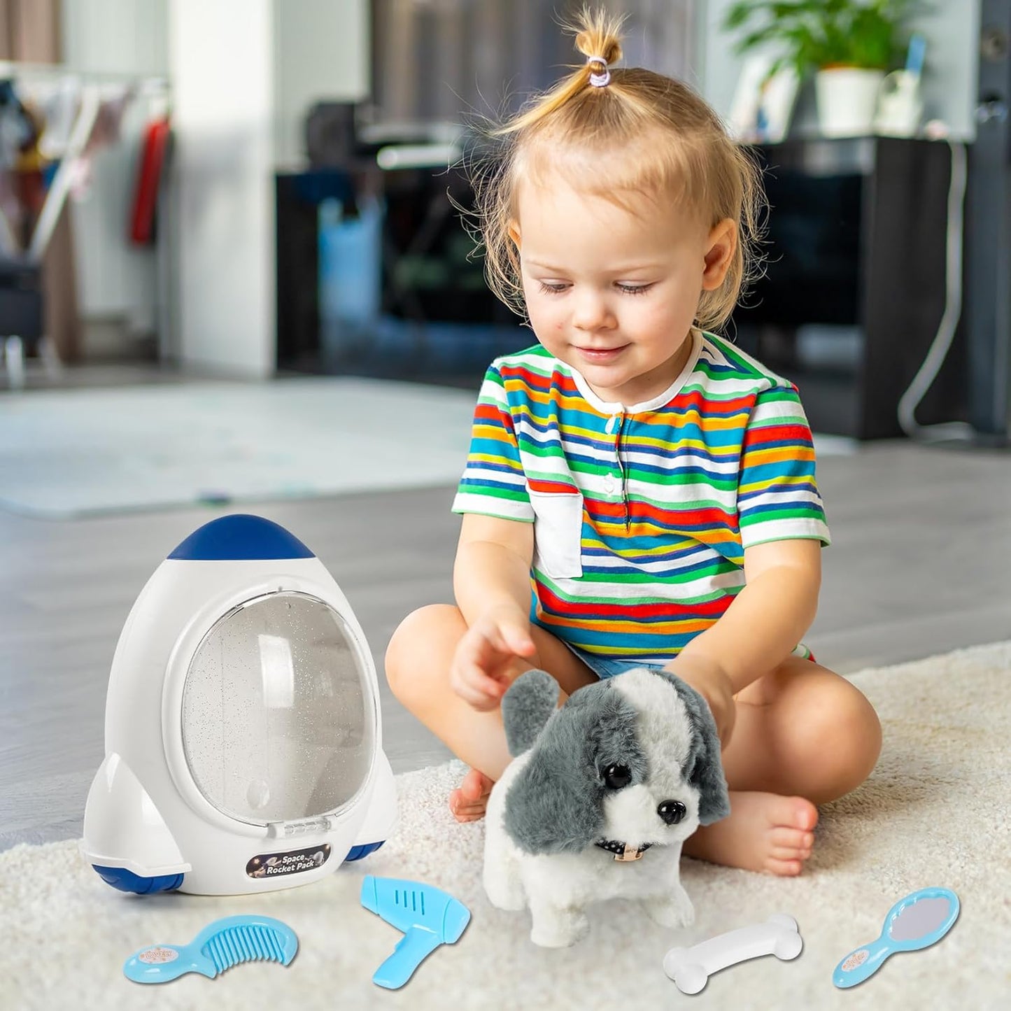 Robot Dog Toy for Kids,Electronic Pet Puppy W/Walking&Barking,Pet Care Pretend Play Set,Interactive Plush Stuffed Toys with Backpack, for Boys,Girls,Toddlers