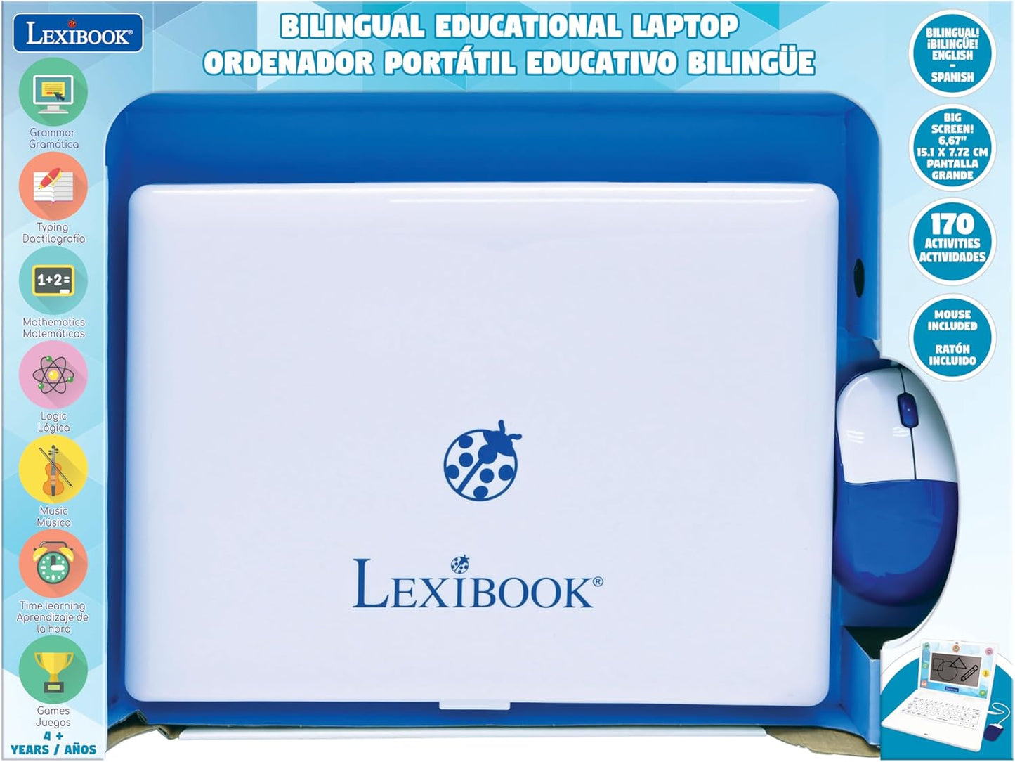 Lexibook - Bilingual and Educational Laptop English/Spanish - Toy for Children, 170 Activities to Learn Languages, Mathematics, Logic, Clock Reading, Play Games and Music, Large Screen - JC599i2