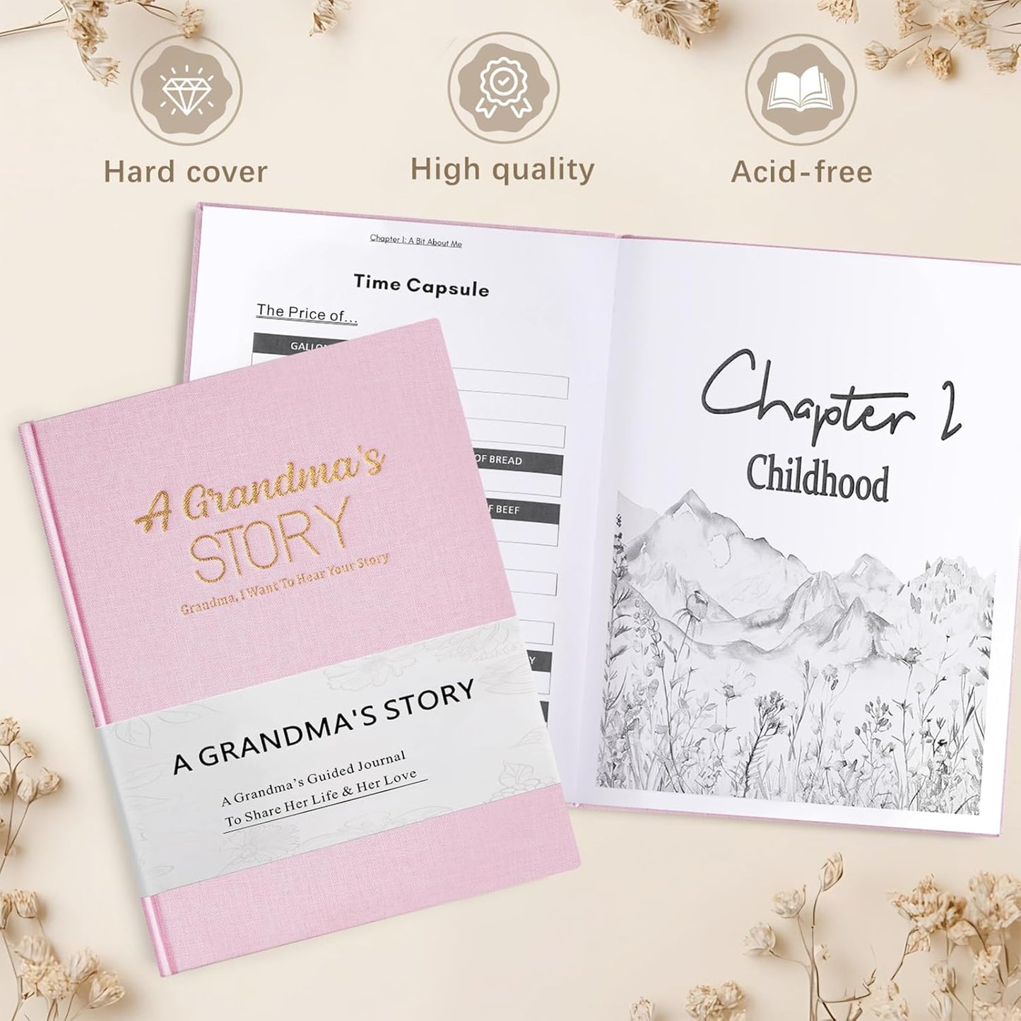 Artmag Grandma's Life Story Journal Family Keepsake Book Linen Hardcover for Grandma to Share Her Memories, with 250+ Prompt Questions Gift for Birthday Mother's Day Christmas (Pink)