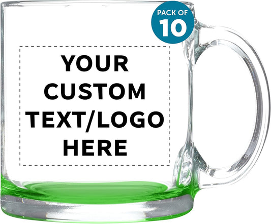 Custom Libbey Clear Glass Coffee Mugs 13 oz. Set of 10, Personalized Bulk Pack - Perfect for Coffee, Tea, Espresso, Hot Cocoa, Other Beverages - Green Bottom