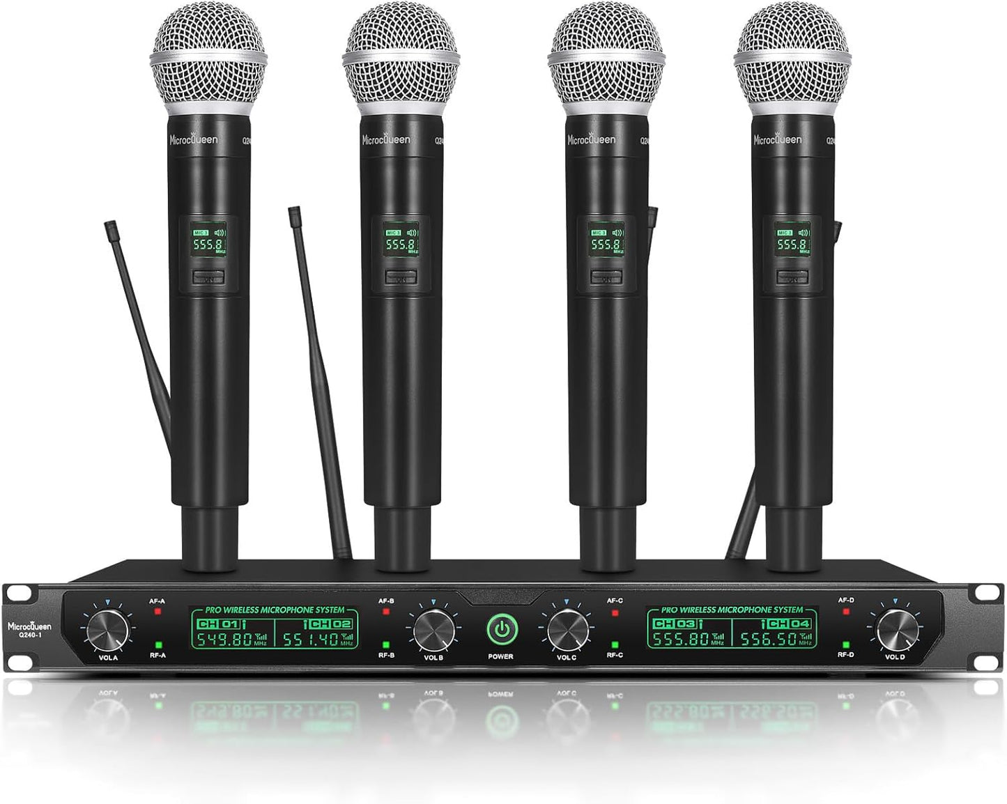 Wireless Microphone System, 4-Channel UHF Professional Mic, Automatically Pair Metal Cordless Mic with 4 Metal Handheld Microphones, 400ft Range, for Singing, Karaoke, Party