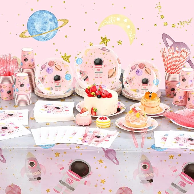 452 Pcs Pink Space Birthday Decorations for 50, Star Astronaut Paper Plates Napkins Cups Moon Tablecloth Cutlery Straws for Solar System Planets Baby Shower Party Supplies Decorations