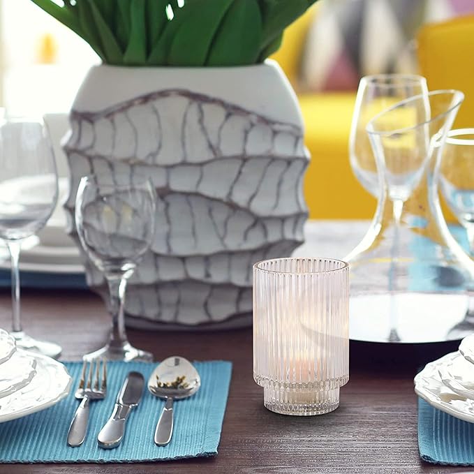 Serene Spaces Living 5in Clear Ribbed Glass Votive Holder, Decorative Centerpiece for Wedding, Christmas, Thanksgiving, Dining Table, Living Room, Home Décor, 3.5" Diameter & 5" Tall, Pack of 24