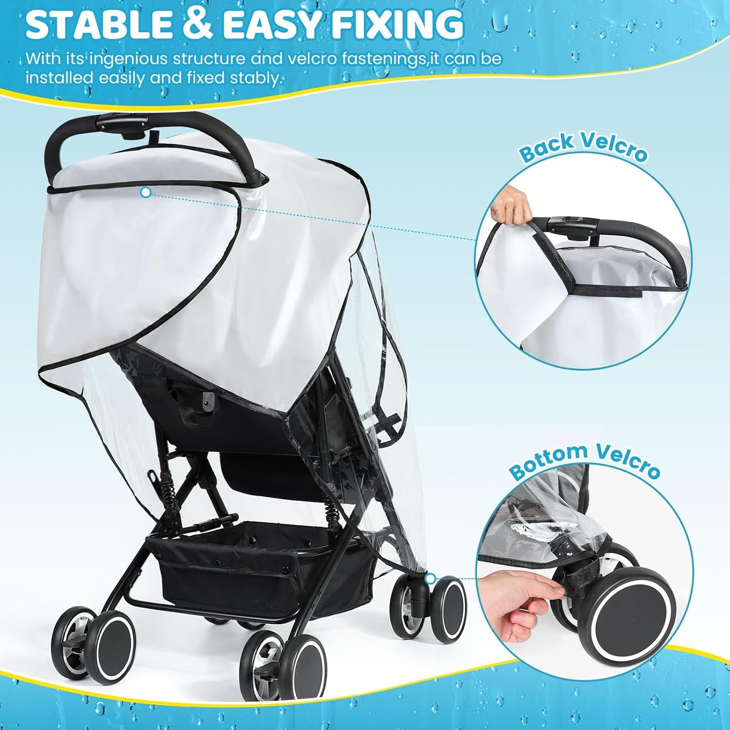 Universal Clear Stroller Rain Cover, No-Zip Waterproof Stroller Cover - Food Grade EVA & Frosted PVC, Baby Travel Weather Shield, Breathable Rain Cover for Most Single Strollers, Black